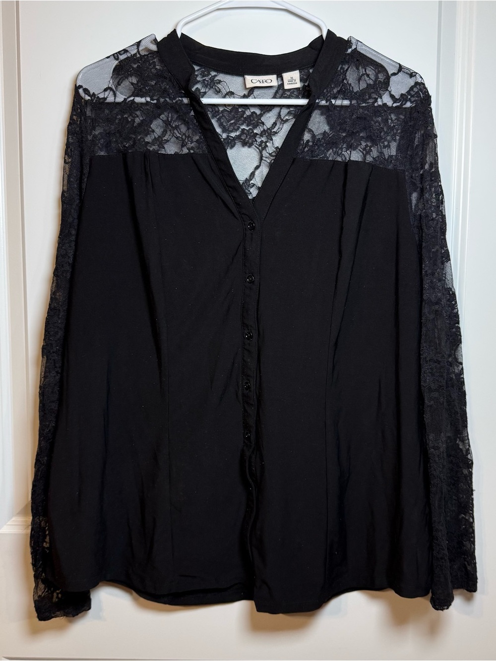 Cato Black Lace Sleeve Button Front Blouse Size XL Sheer Floral Lace